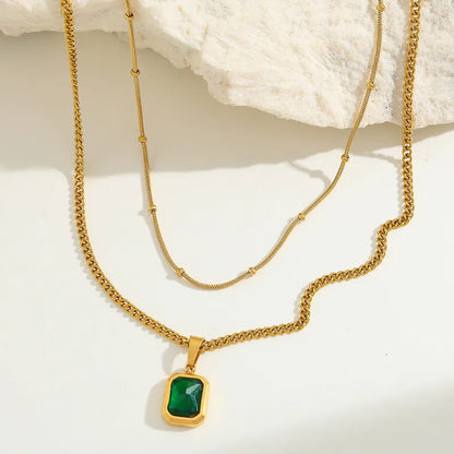 Necklace gold-plated steel with green zırcon-ne014