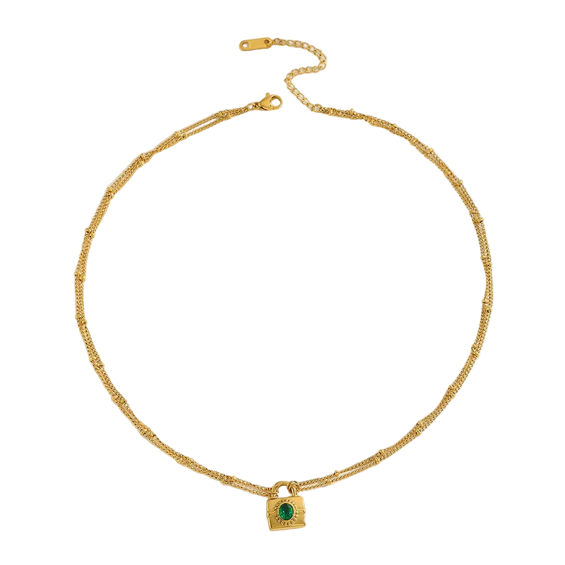 Colier din oțel placat cu aur cu piatră de zircon verde-NE515