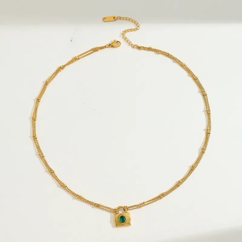 Colier din oțel placat cu aur cu piatră de zircon verde-NE515