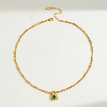 Colier din oțel placat cu aur cu piatră de zircon verde-NE515