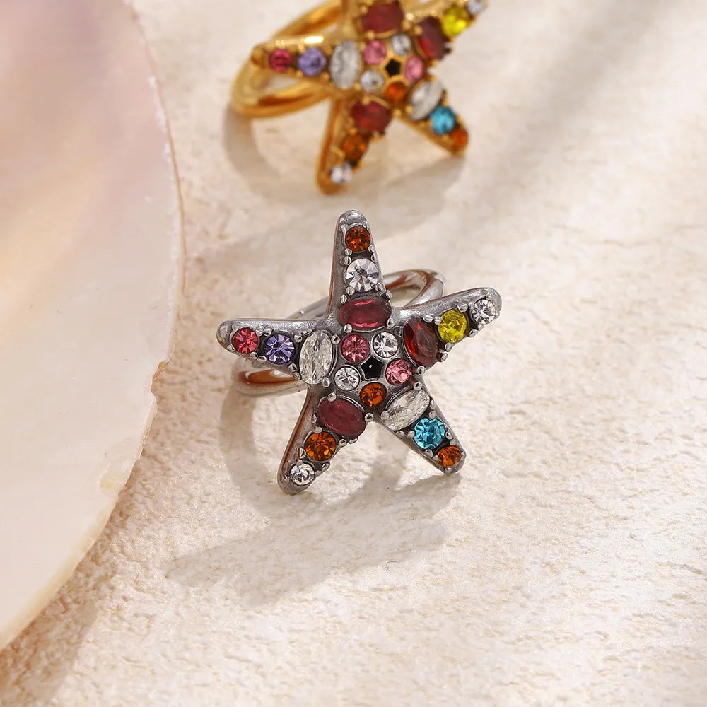 Δαχτυλίδι ατσάλι με αστερία και rhinestones - R269