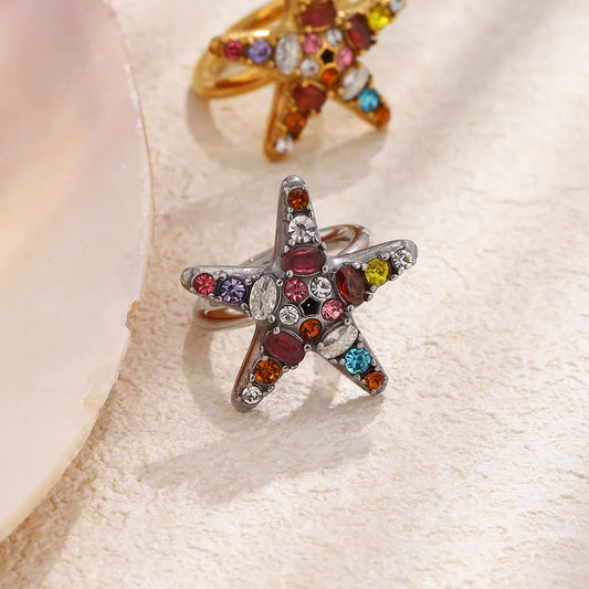 Δαχτυλίδι ατσάλι με αστερία και rhinestones - R269
