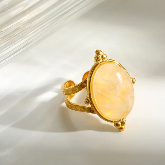 Inel din oțel placat cu aur cu piatră galbenă-R245