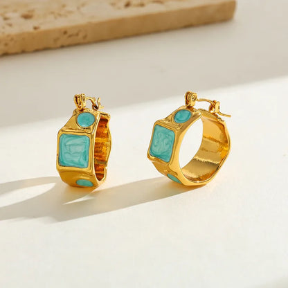 Σκουλαρίκια επιχρυσωμένο ατσάλι κρίκοι τιρκουάζ με χρυσό-EA411