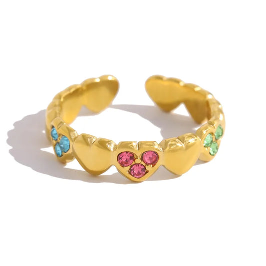 Anello in acciaio placcato oro con pietre colorate-R011