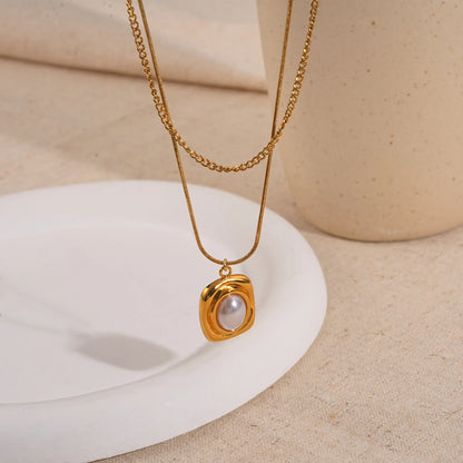 Κολιέ επιχρυσωμένο ατσάλι διπλό με πέρλα-NE439