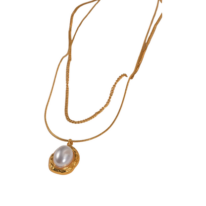 Κολιέ επιχρυσωμένο ατσάλι διπλό με πέρλα-NE441