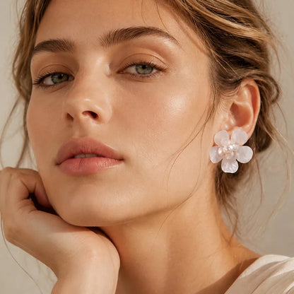 Steel earrings with white resin hearts - EA030