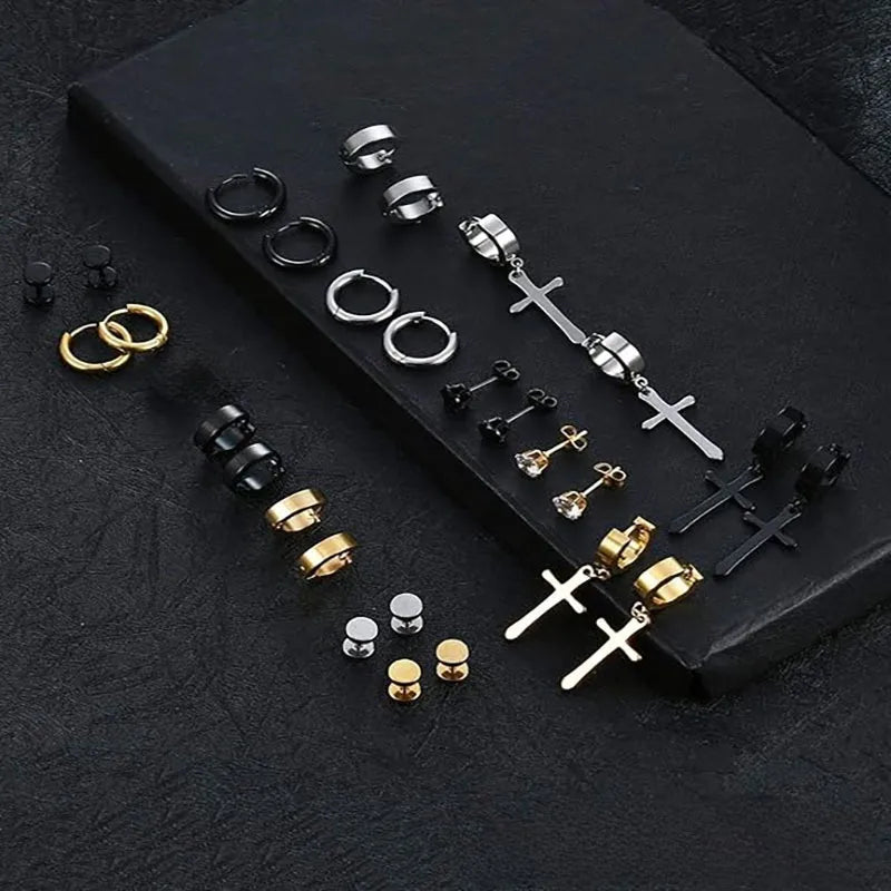 Σετ 15 ζευγάρια σκουλαρίκια ατσάλι 3 χρώματα-SET007