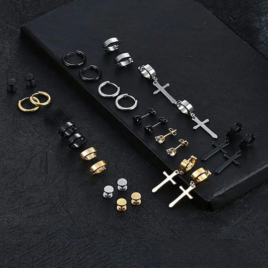 Σετ 15 ζευγάρια σκουλαρίκια ατσάλι 3 χρώματα-SET007