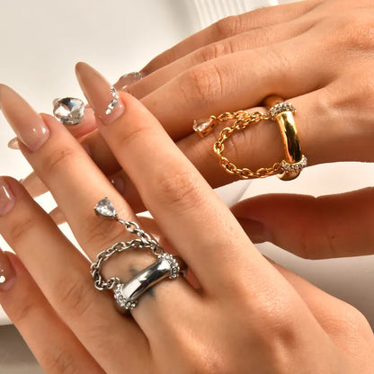 Δαχτυλίδι ατσάλι με αλυσίδα και κρύσταλλα-R238