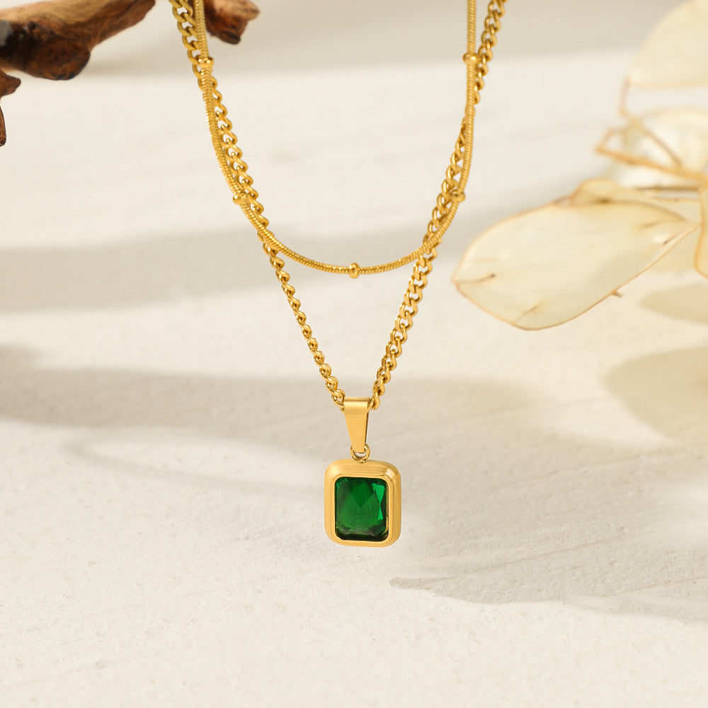 Necklace gold-plated steel with green zırcon-ne014