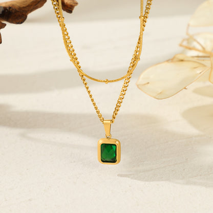 Necklace gold-plated steel with green zırcon-ne014
