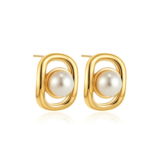 Earrings gold steel squares with pearls in-ea305