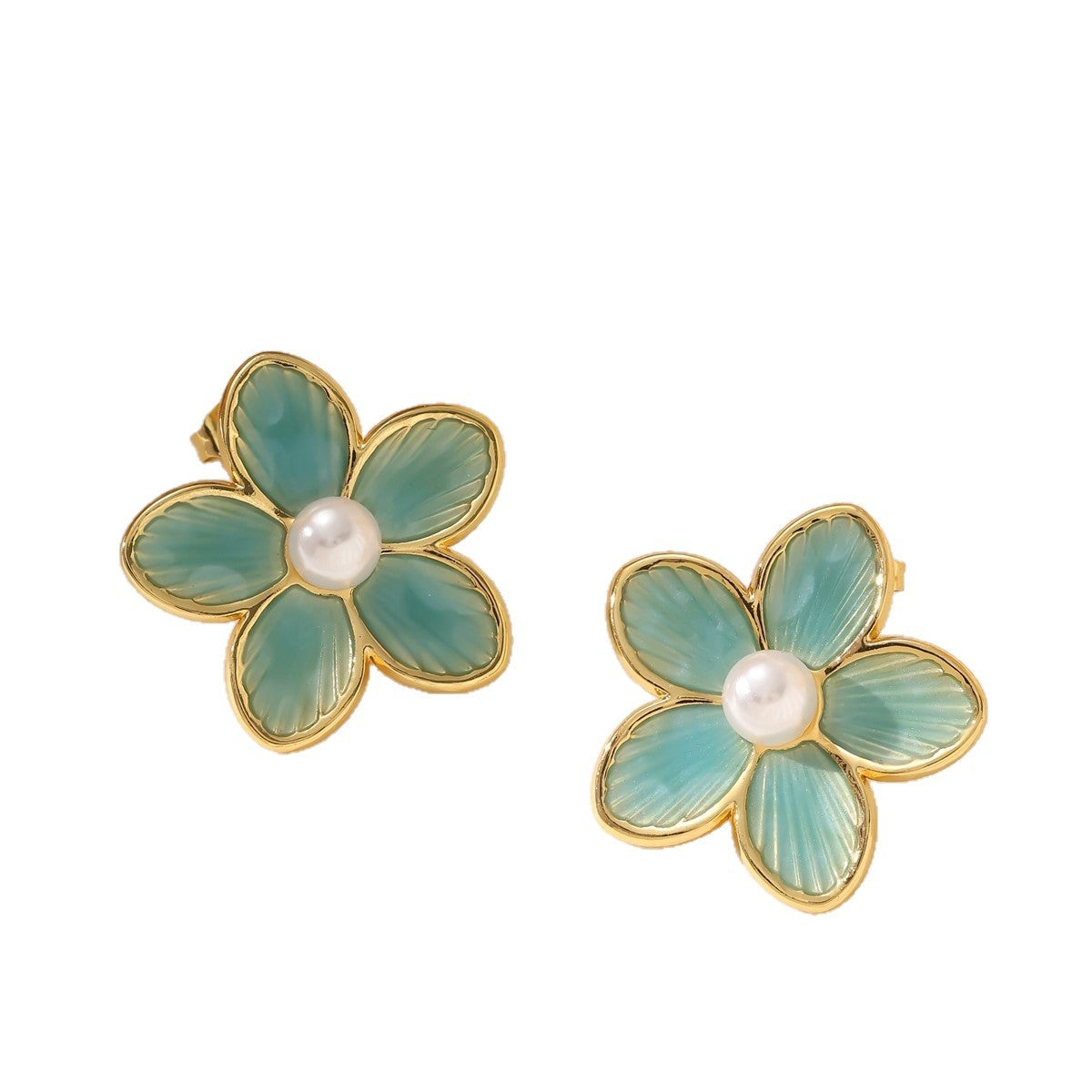 Earrings of steel blue flowers with pearl-ea082