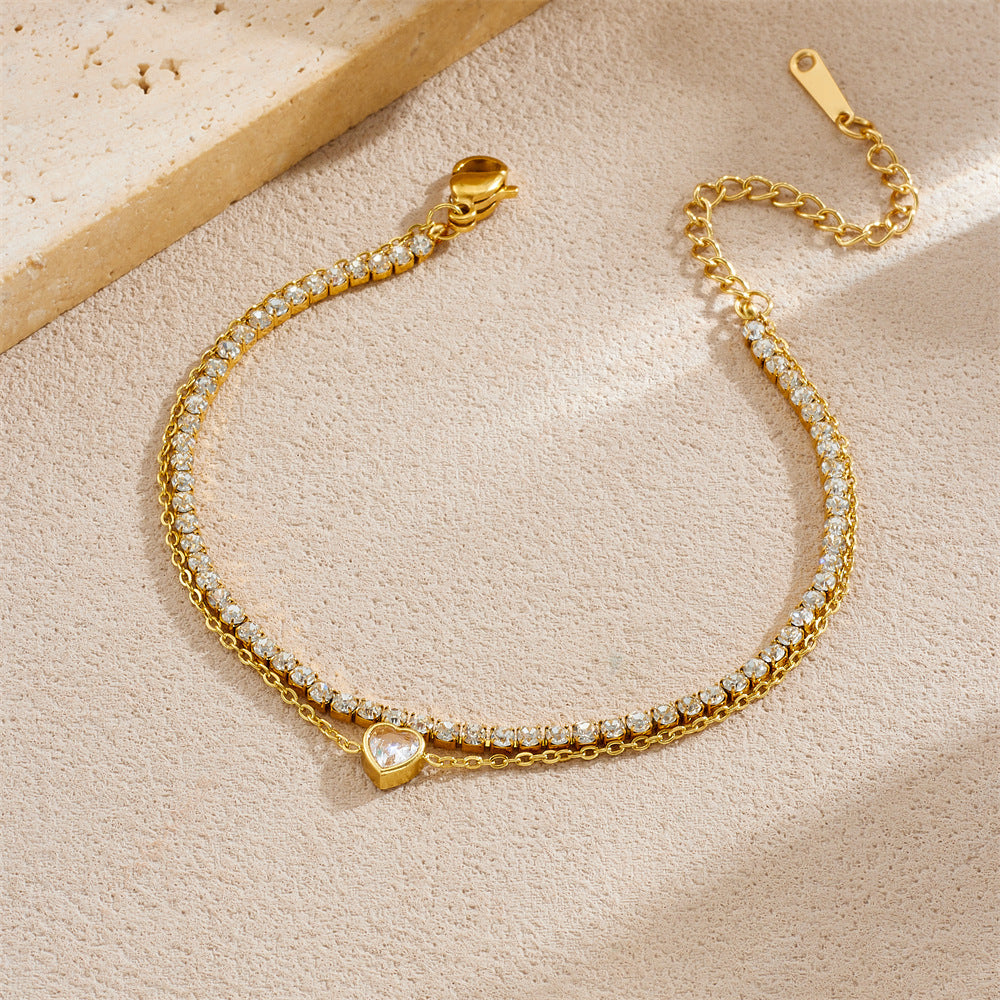 Βραχιόλι επιχρυσωμένο ατσάλι με καρδιά και αλυσίδα zircon-BR122
