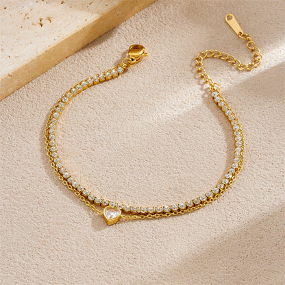 Βραχιόλι επιχρυσωμένο ατσάλι με καρδιά και αλυσίδα zircon-BR122