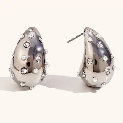 Pendientes de acero plateado con circonitas y perlas en forma de lágrima - ea223