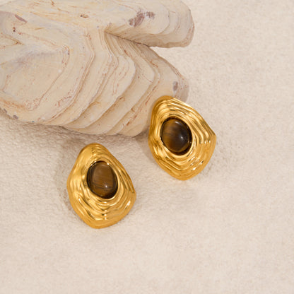 Σκουλαρίκια χρυσό ατσάλι με καφέ πέτρα-EA552