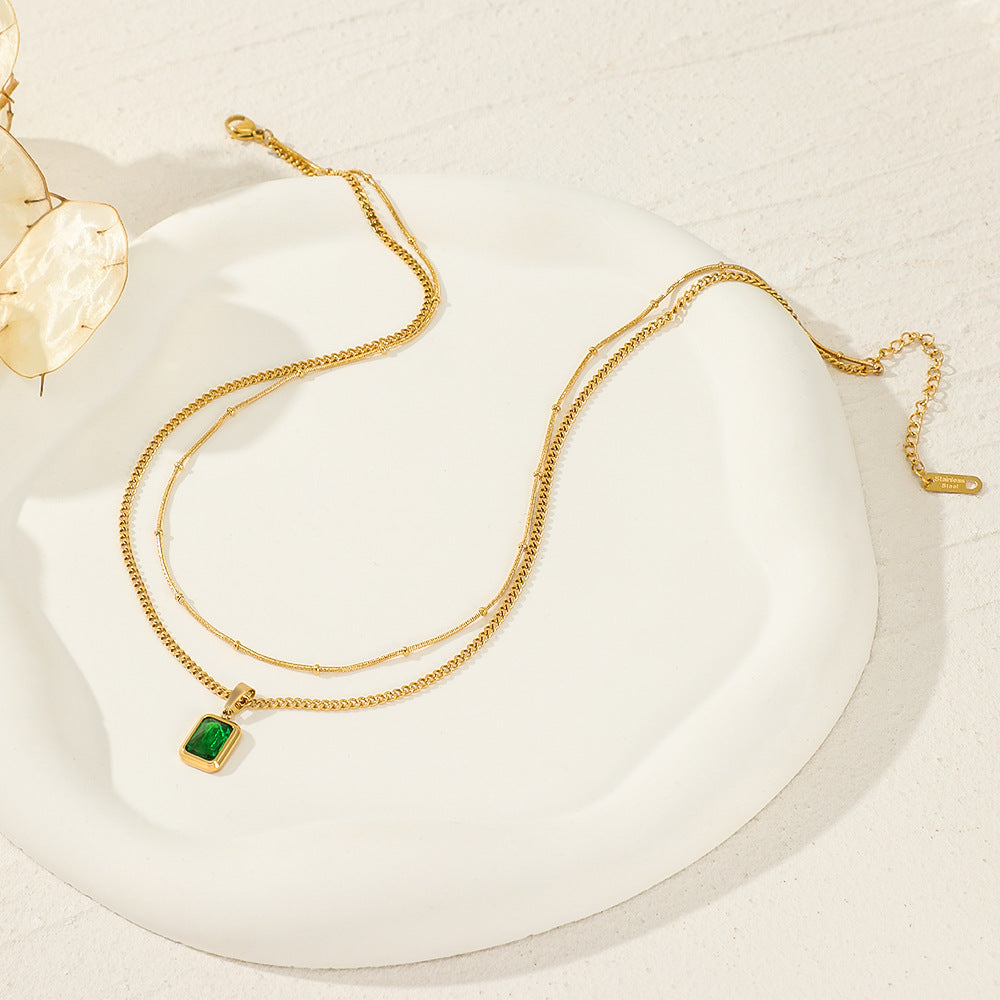 Necklace gold-plated steel with green zırcon-ne014