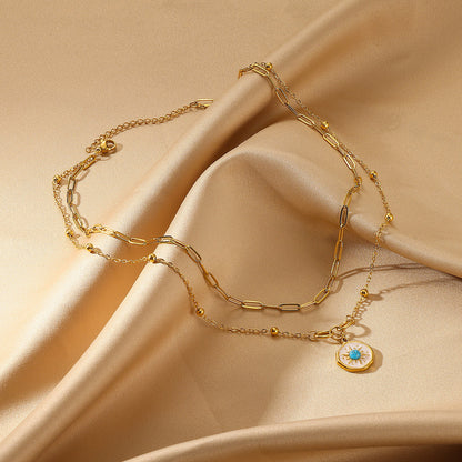 Colier dublu din oțel cu piatră turcoaz-NE209