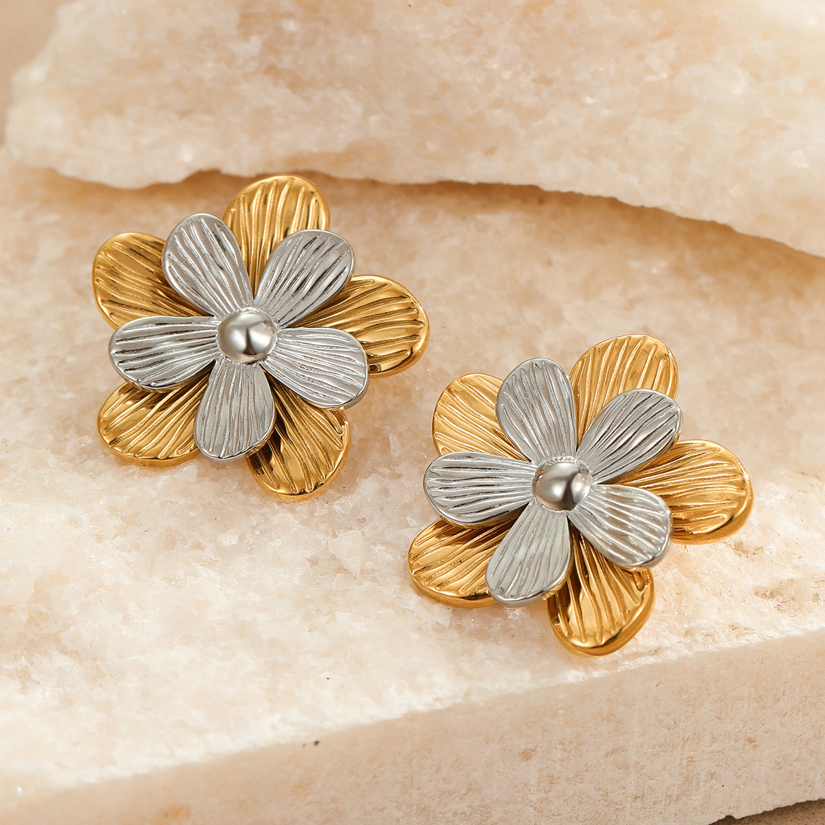 Earrings of steel double flower-ea116