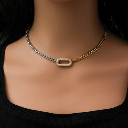 Colier din oțel din aur și argint cu zircon oval-NE081