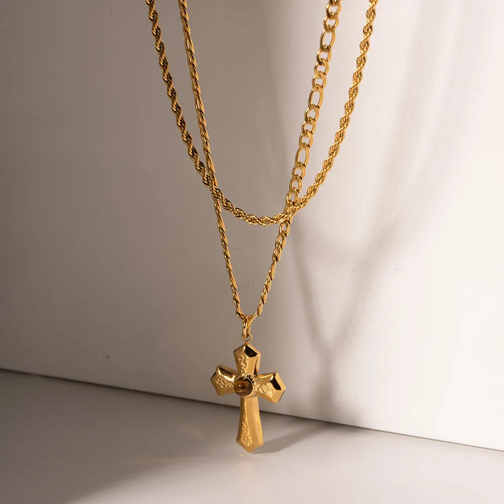 Collier double chaîne avec croix dorée-NE400