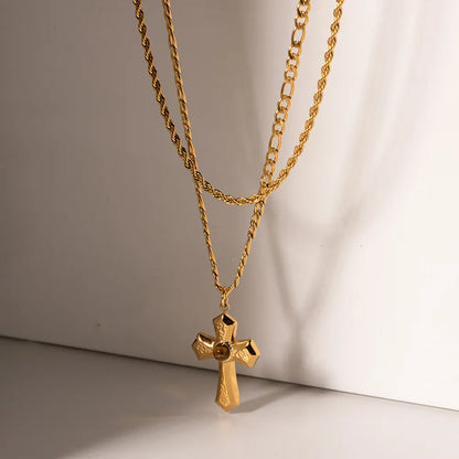 Collier double chaîne avec croix dorée-NE400