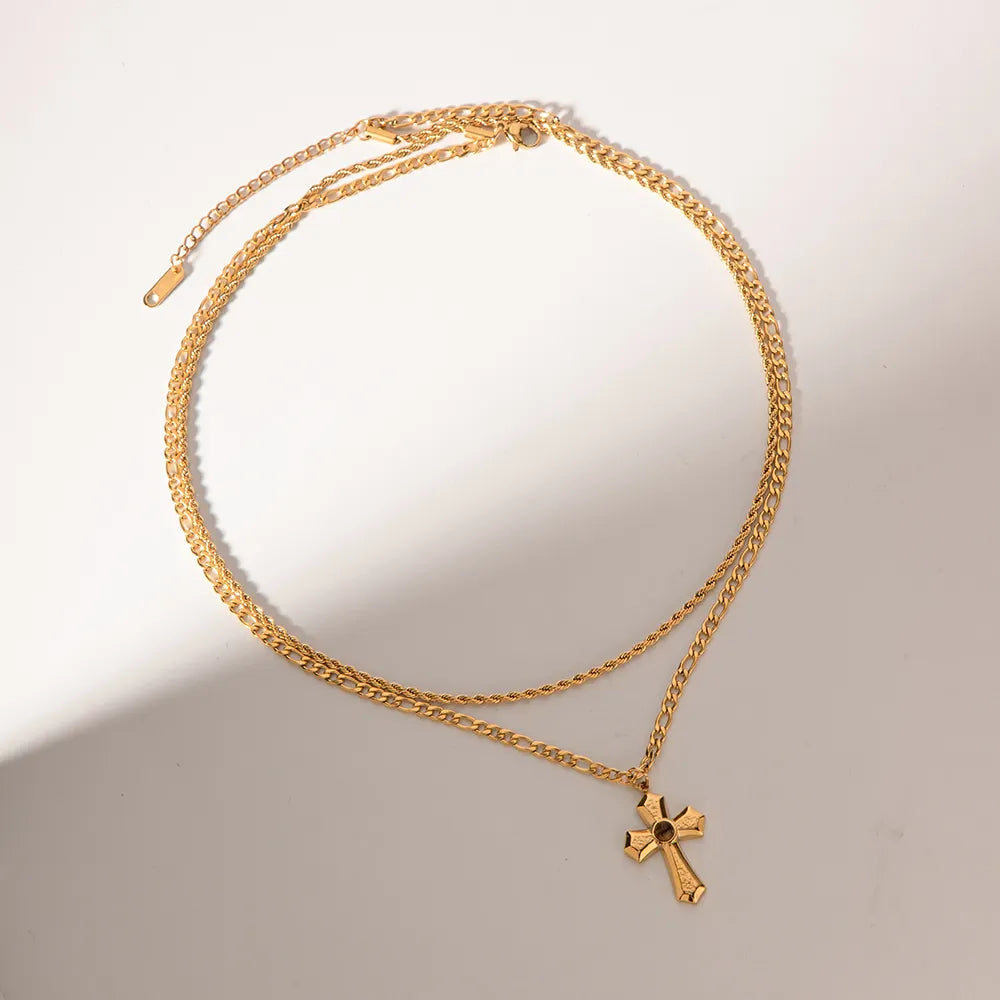 Collar de doble cadena con cruz dorada-NE400