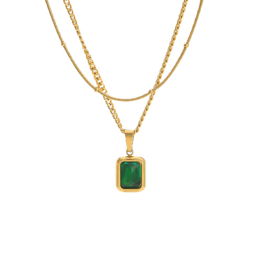 Necklace gold-plated steel with green zırcon-ne014