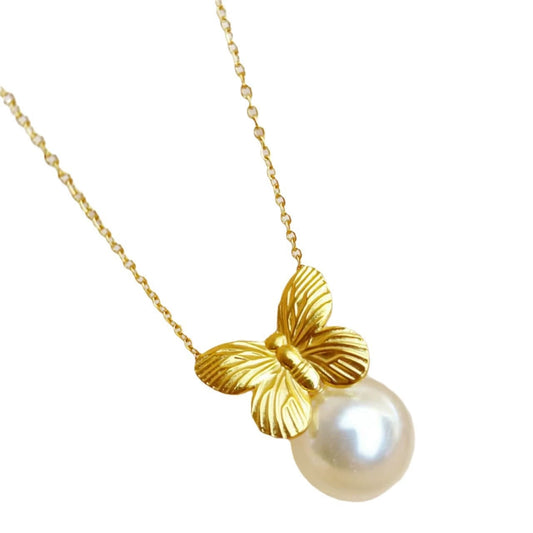 Κολιέ ατσάλι με πέρλα και πεταλούδα-NE333