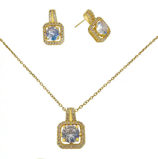 Conjunto de collar y pendientes de oro con circonitas blancas - SET059
