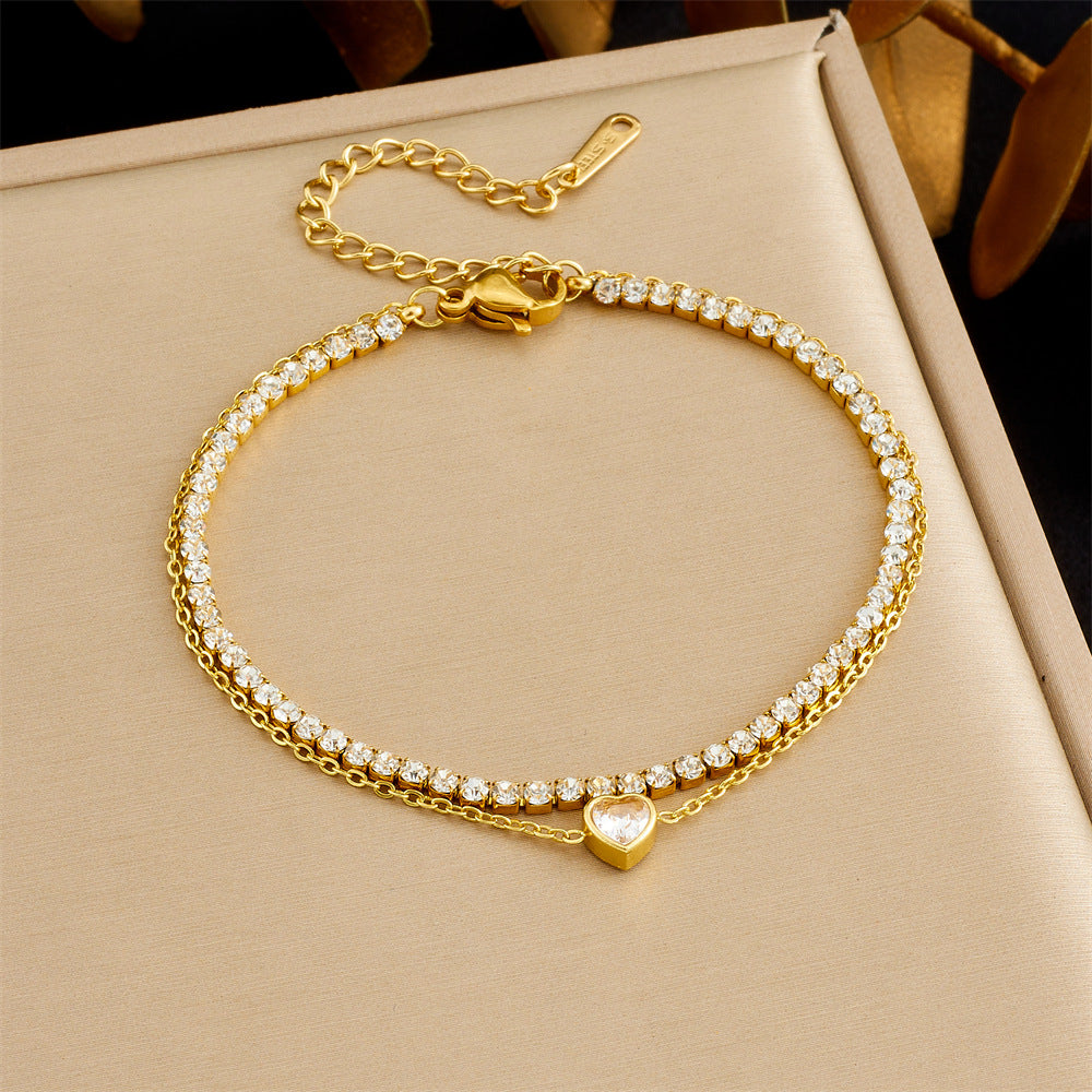 Βραχιόλι επιχρυσωμένο ατσάλι με καρδιά και αλυσίδα zircon-BR122