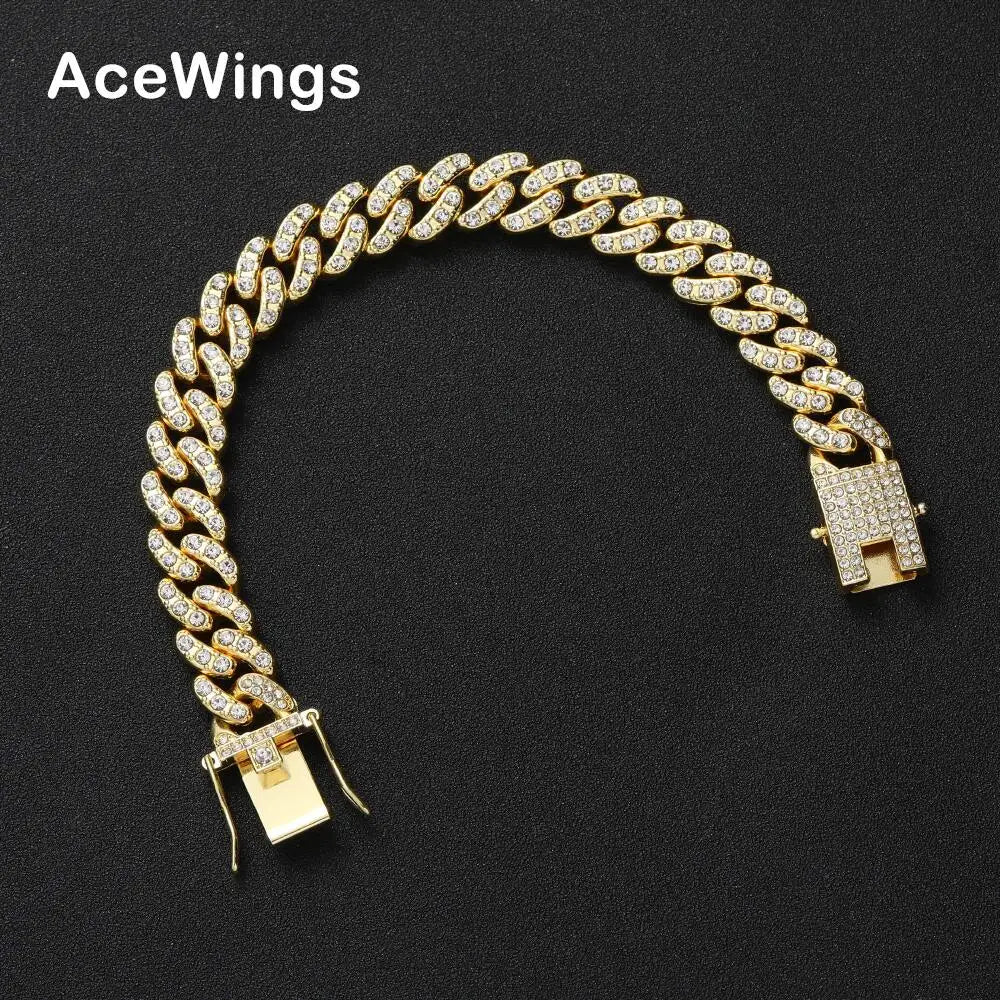 Bracelet male gold wide chain with crystals-br246