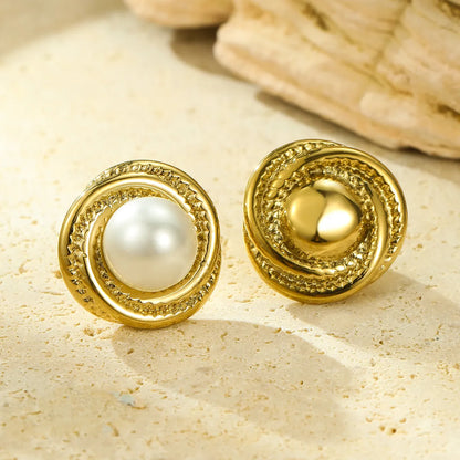 Earrings gold steel with spiral and pearl-ea316