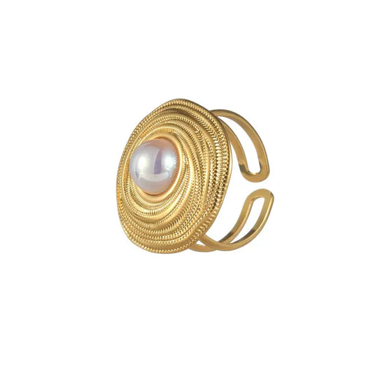 Δαχτυλίδι ατσάλινο στρογγυλό με λευκή πέρλα  - R011