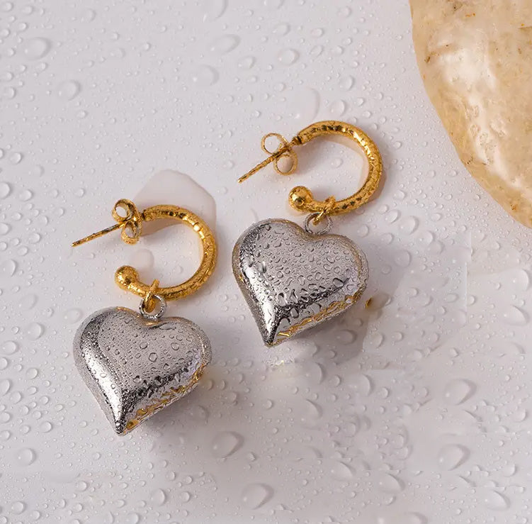 Gold and silver heart earrings-EA516