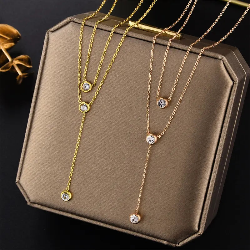 Necklace gold steel triple with zircon-ne437