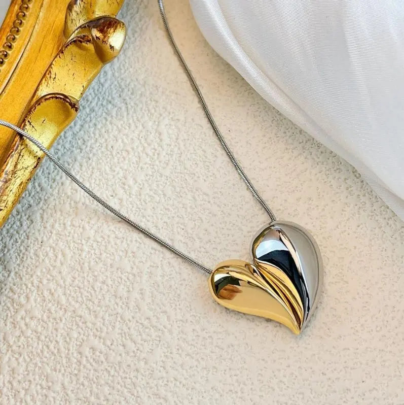 Silver and gold steel heart necklace-NE100