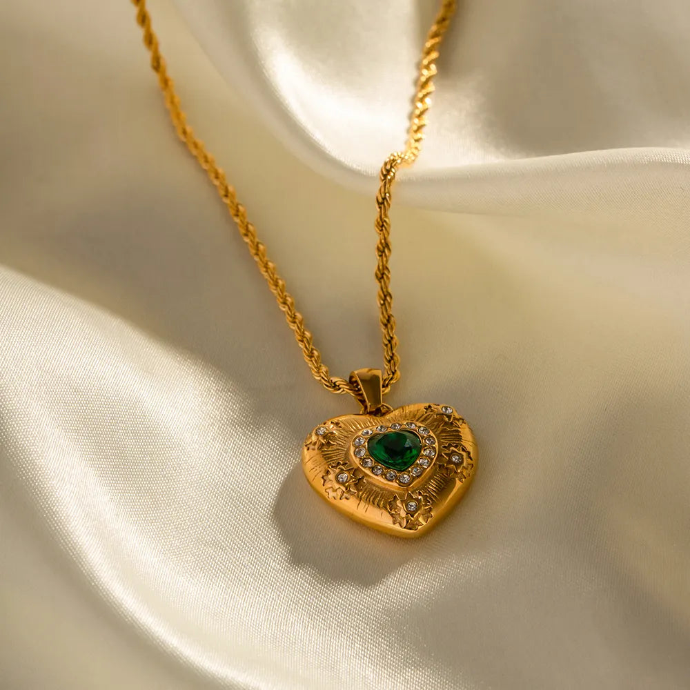 Necklace with heart and green zircon stone-NE419