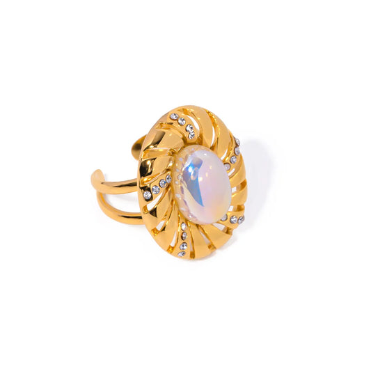 Gold steel ring with large stone and rhinestone-R218