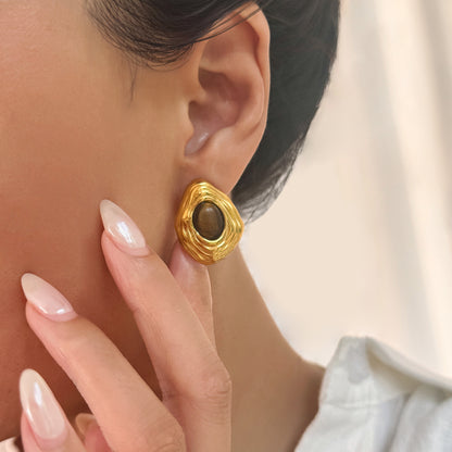 Σκουλαρίκια χρυσό ατσάλι με καφέ πέτρα-EA552