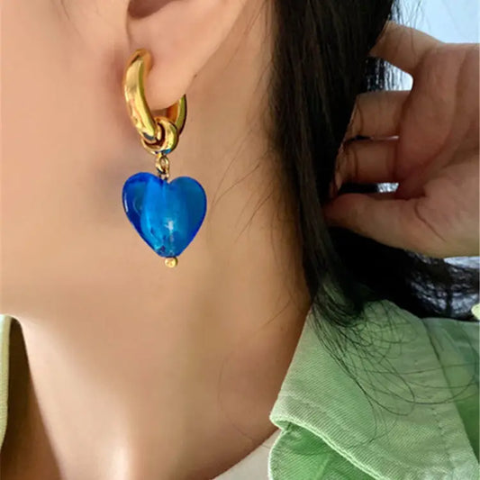 Brass earrings with blue hearts - w202