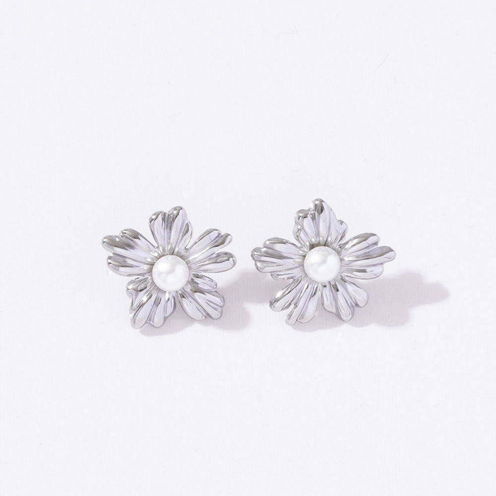 Earrings of steel flowers with pearl-ea015
