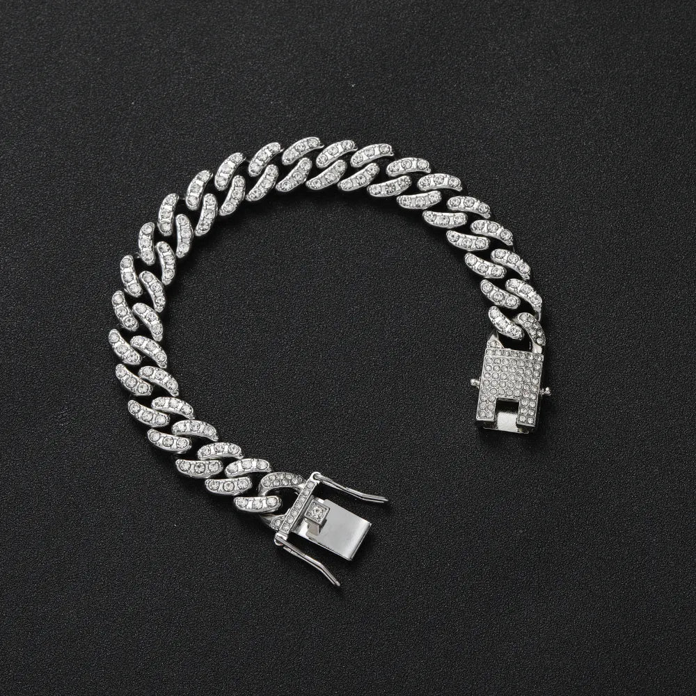 Bracelet male silver wide chain with crystals-br247