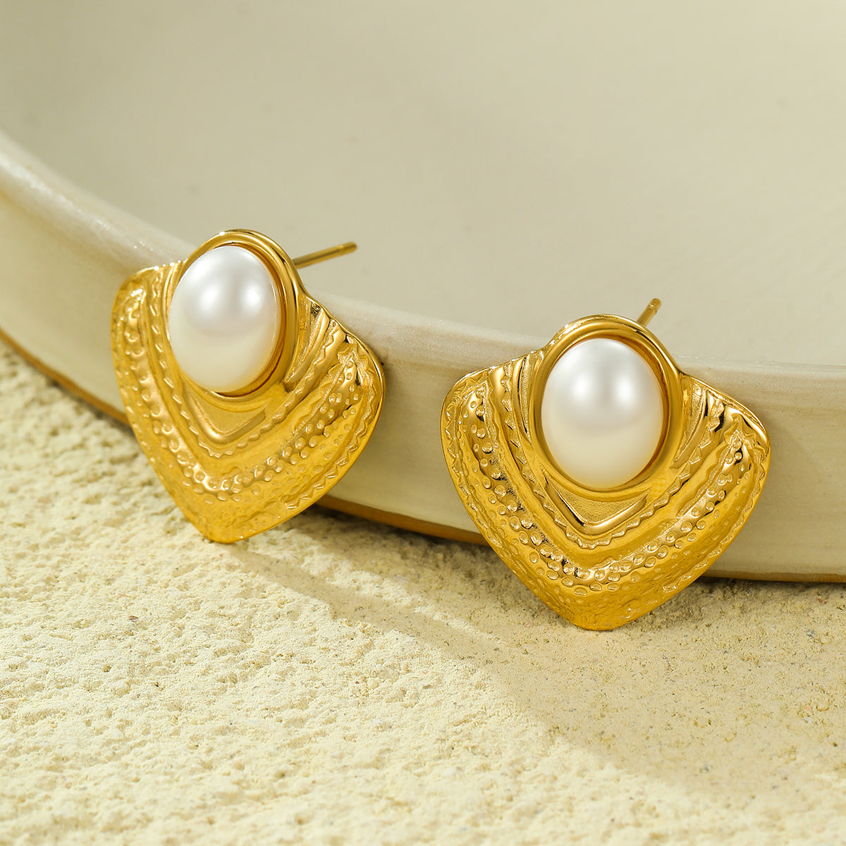 Earrings Golded Triangle Steel with White Stone-EA028