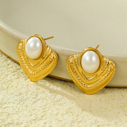 Earrings Golded Triangle Steel with White Stone-EA028