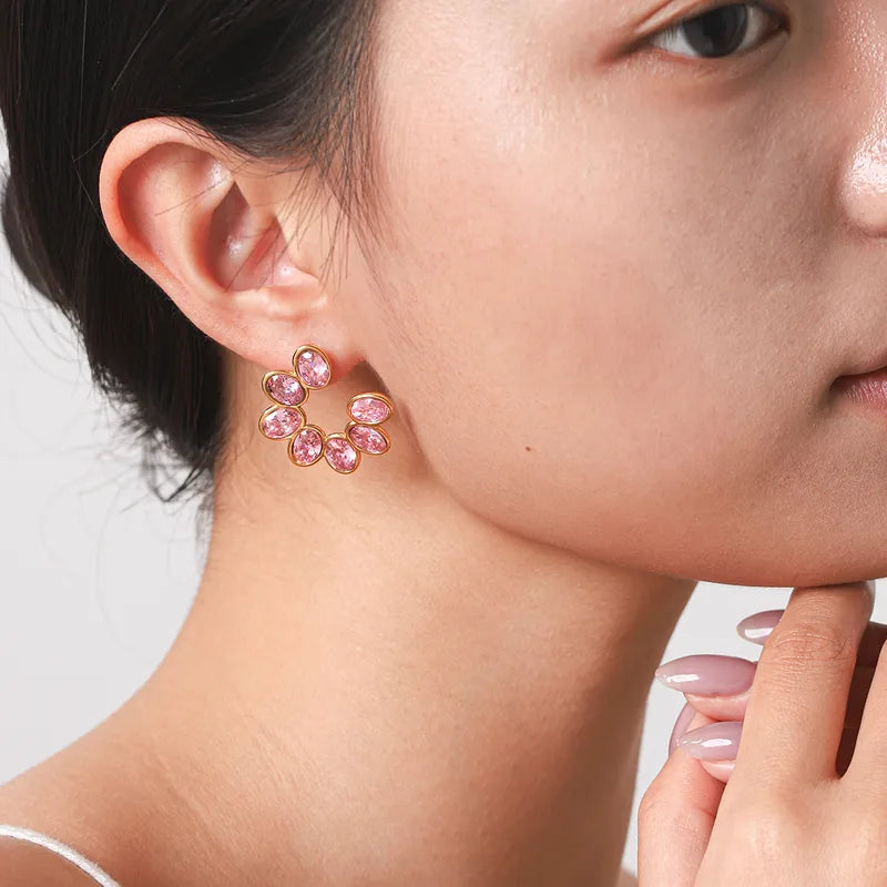 Orecchini grandi in acciaio placcato oro con zircone rosa-EA411