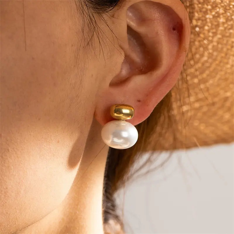 Pendientes de perlas ovaladas de acero-EA511